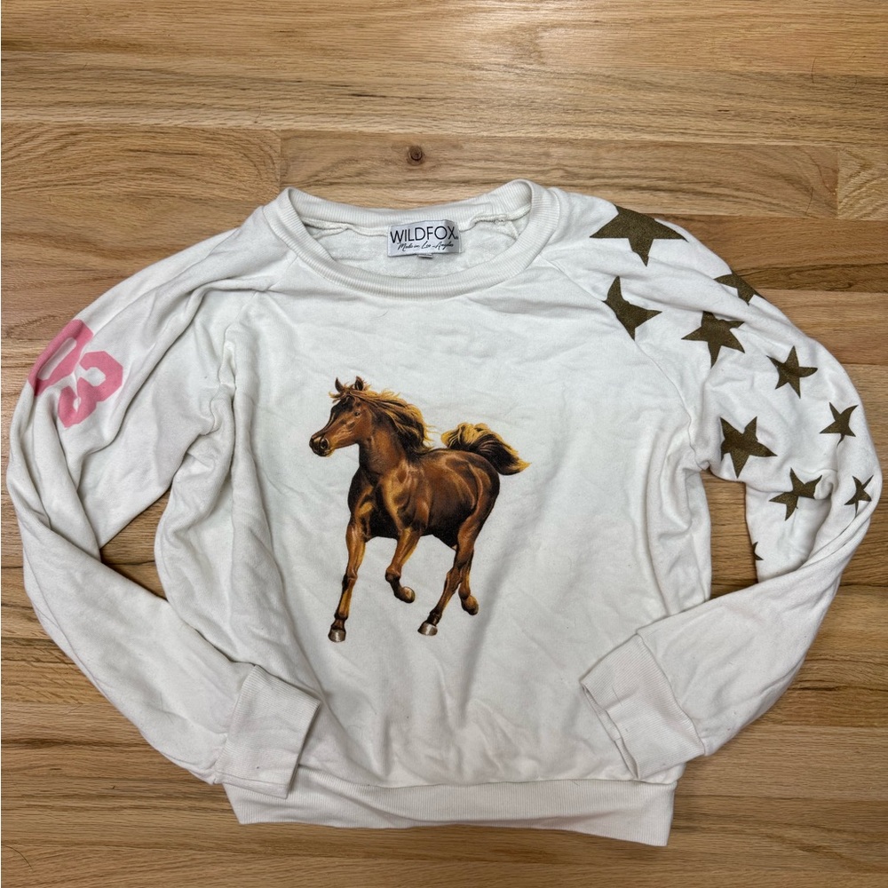 Wildfox Cropped Long Sleeve Sweatshirt with Horse and Gold Stars